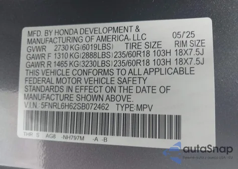 2025 Honda Odyssey Ex-L z USA, uszkodzony, nr VIN 5FNRL6H62SB072462
